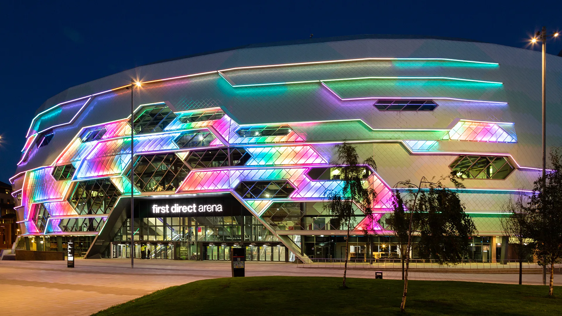 Exterior night shot of first direct arena, Leeds