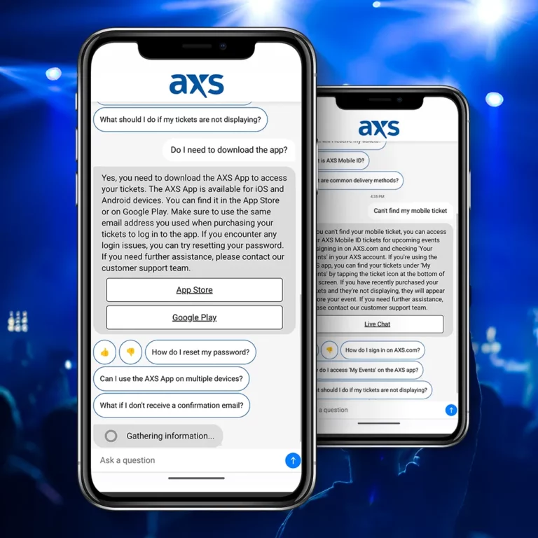 Smartphone screen displaying AXS/Satisfi Labs customer support chat