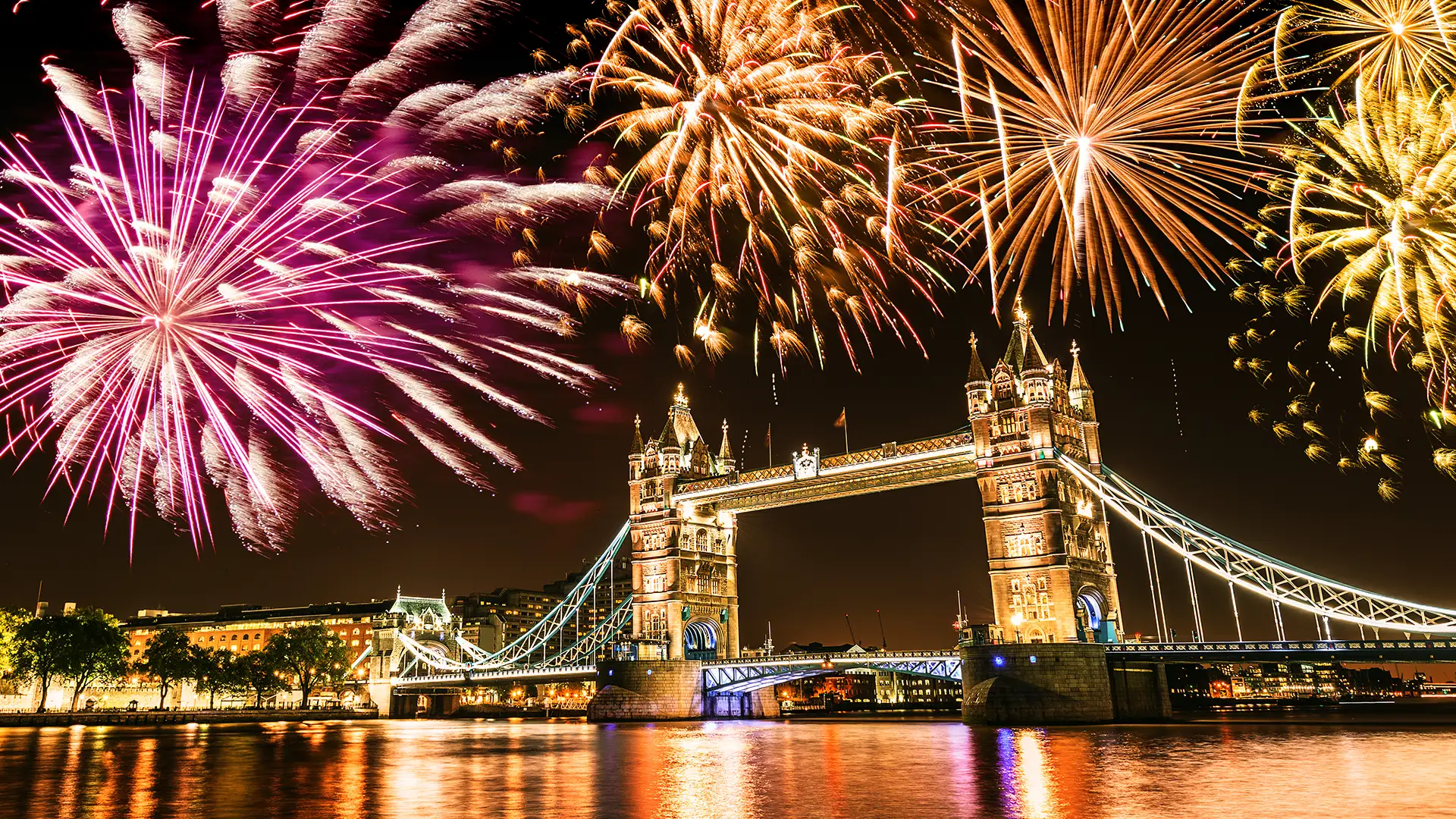 Fireworks display over Tower Bridge in London