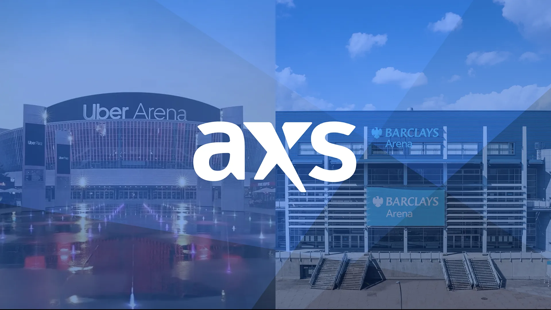 AXS logo over Uber Arena and Barclays Arena photos